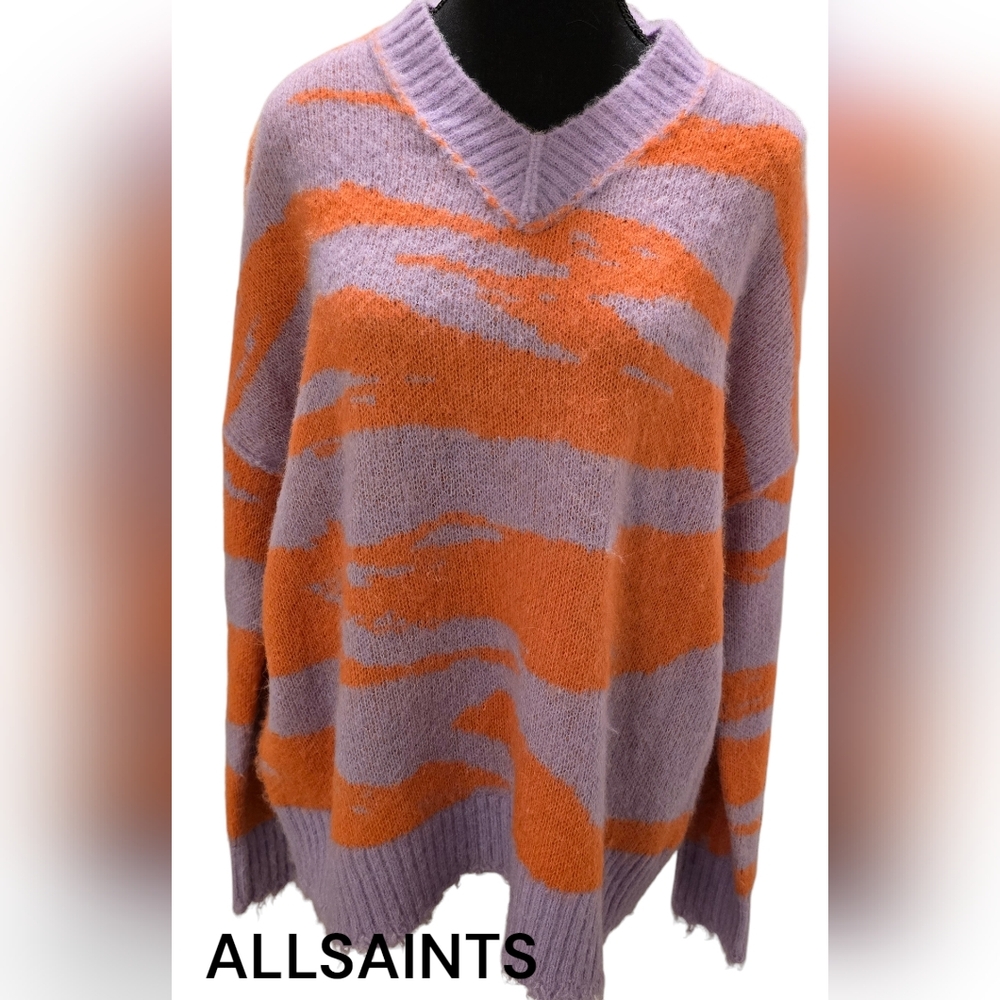 ALLSAINTS PURPLE/ORANGE TIGA V-NECK SWEATER -NWOT